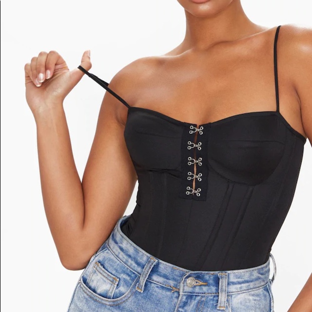Black Woven Hook & Eye Structured Corset Long Top